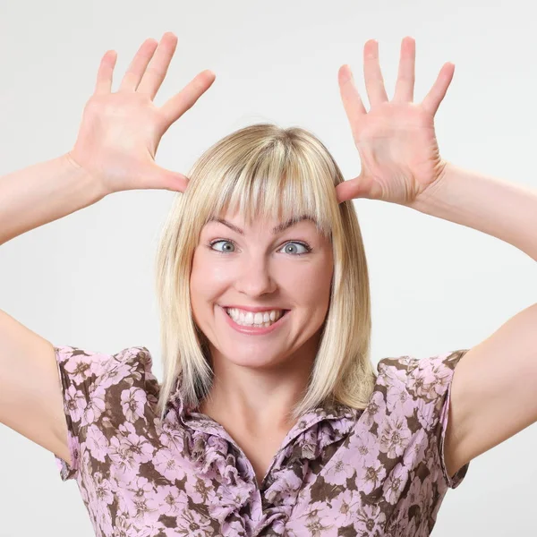 Crazy Blonde Woman Makes Squint Fun — Stock Photo, Image