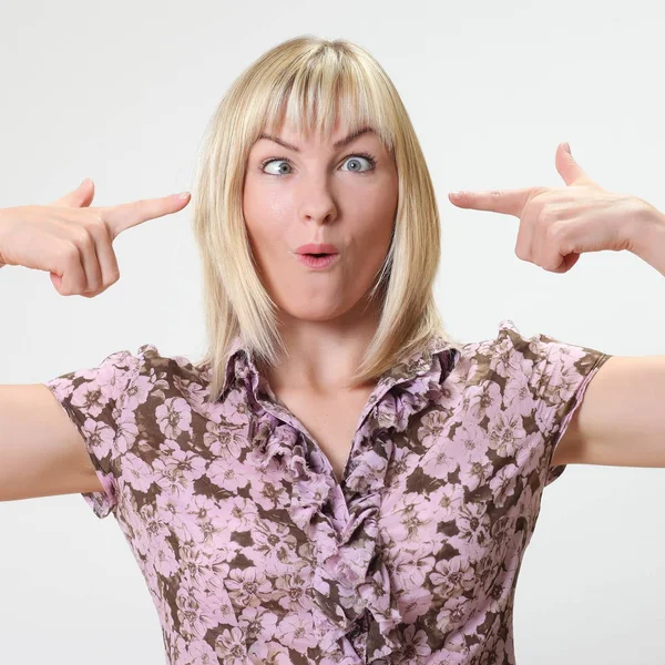 Crazy Blonde Woman Makes Squint Fun — Stock Photo, Image