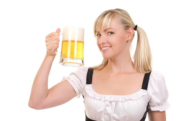 Jonge Vrouw Met Een Mok Van Bier Een Witte Achtergrond — Stockfoto