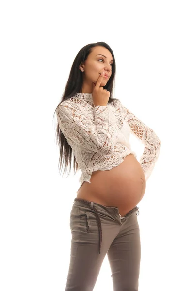 Mujer Embarazada Joven Estudio Sobre Fondo Blanco — Foto de Stock
