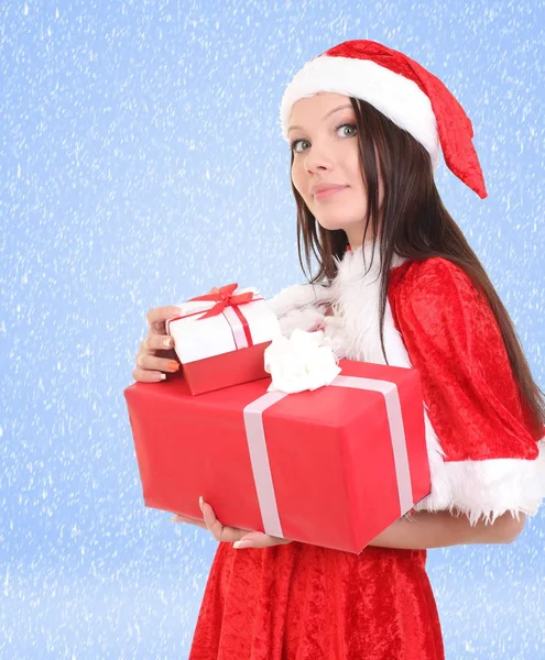 Mooi Meisje Santa Kostuum Met Geschenkdoos — Stockfoto