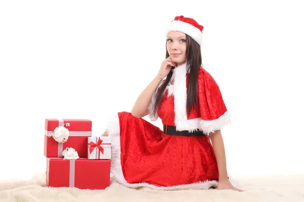Krásná Dívka Kostýmu Santa Dárkový Box — Stock fotografie