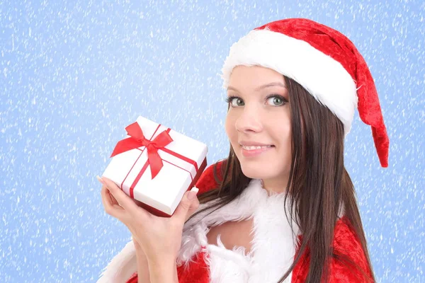 Mooi Meisje Santa Kostuum Met Geschenkdoos — Stockfoto