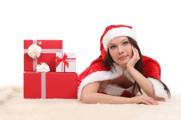 Hermosa Chica Traje Santa Con Caja Regalo — Foto de Stock