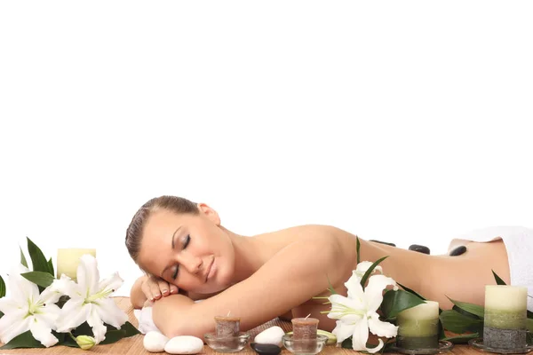 Woman Lying Relaxing Massage Bed Spa — Stock Photo, Image