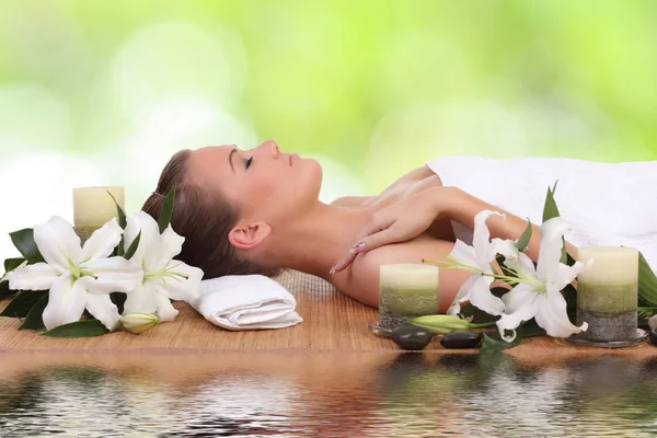 Woman Lying Relaxing Massage Bed Spa — Stock Photo, Image