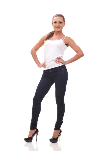 Full Length Portrait Woman White Tank Top Jeans Isolated Stock Image