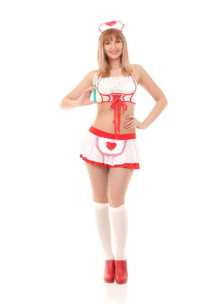 Jovem Enfermeira Sexy Terno Fundo Branco — Fotografia de Stock