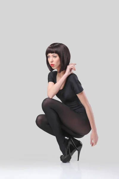 Schöne Frau Posiert Strumpfhosen Und High Heels Auf Weißem Hintergrund — Stockfoto