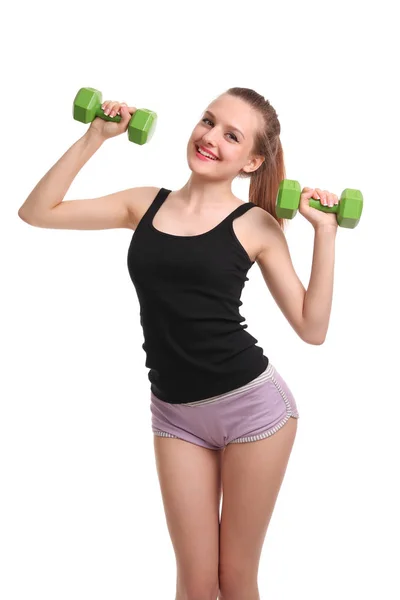 Sexy Fitness Meisje Met Halters Een Witte Achtergrond — Stockfoto