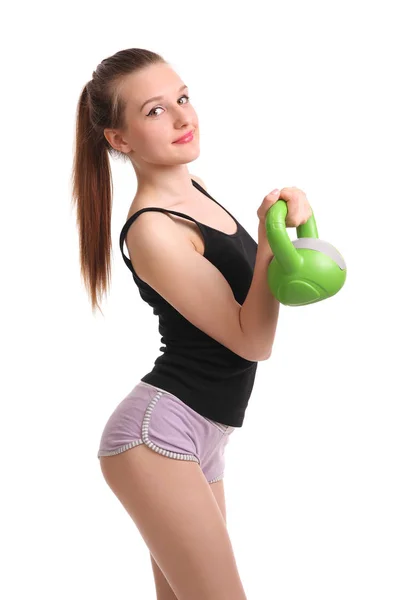 Menina Fitness Sexy Com Halteres Fundo Branco — Fotografia de Stock
