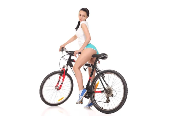 Bir Bisiklet Üzerinde Genç Atletik Ince Kız — Stok fotoğraf