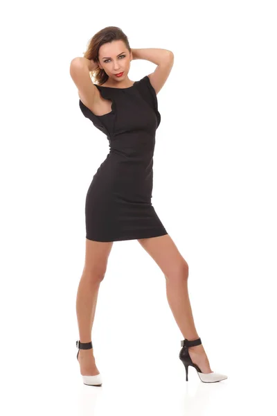 Sexy Slim Girl Black Dress White Background — Stock Photo, Image