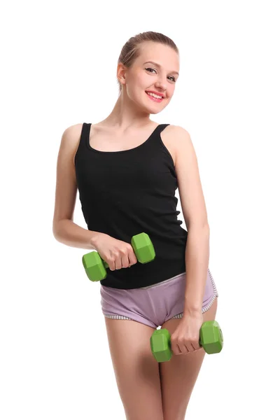 Sexy Fitness Meisje Met Halters Een Witte Achtergrond — Stockfoto
