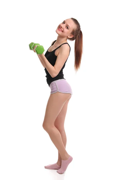 Menina Fitness Sexy Com Halteres Fundo Branco — Fotografia de Stock