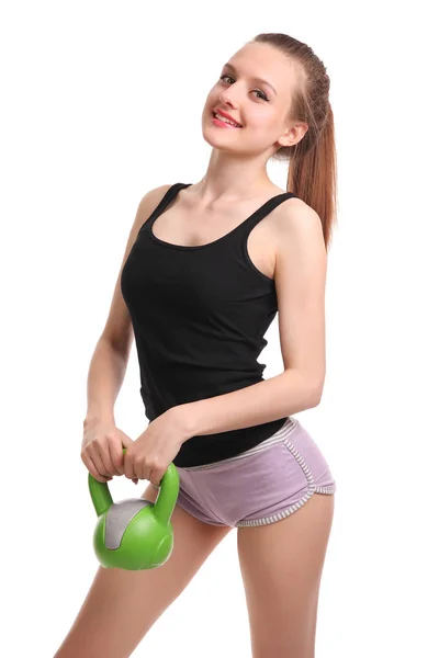 Sexy Chica Fitness Con Mancuernas Sobre Fondo Blanco — Foto de Stock