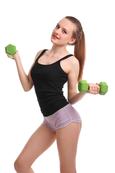 Sexy Fitness Meisje Met Halters Een Witte Achtergrond — Stockfoto