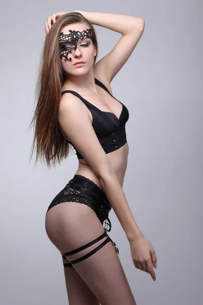 Belle Femme Sexy Avec Lingerie Noire Bandeau — Photo