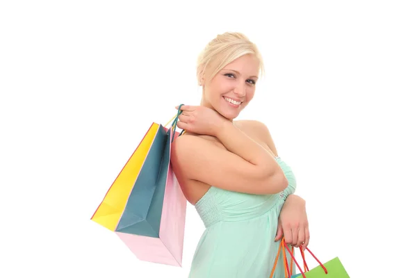 Shopping Woman Smiling Isolated White Background — Stock Photo, Image