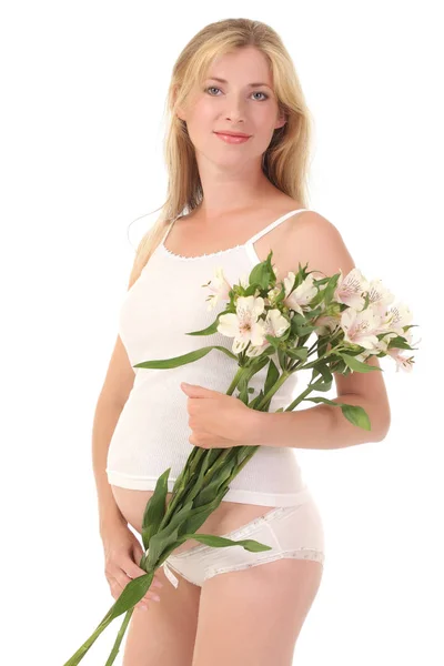 Concepto Embarazo Maternidad Mujer Embarazada Feliz Vestida Ropa Interior — Foto de Stock