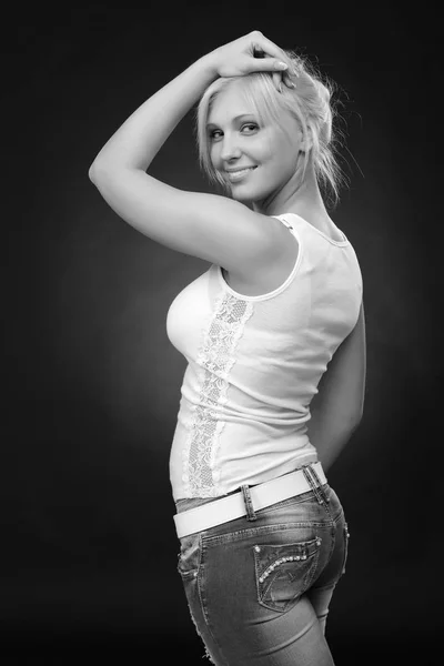 Casual Cute Blonde Woman Wearing Jeans White Top — Stock Photo, Image