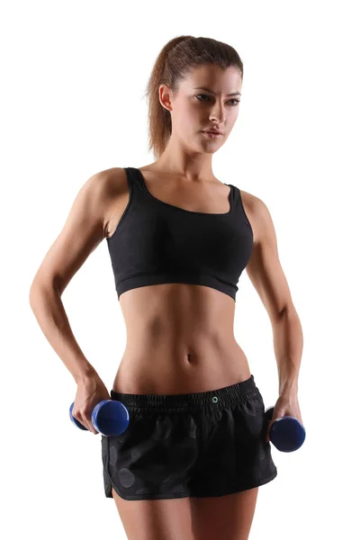 Bonito Exercício Jovem Mulher Com Halteres Backgroun Branco — Fotografia de Stock