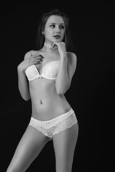 Young Sexy Girl White Lingerie Slim Body — Stock Photo, Image