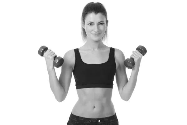 Bonito exercício jovem mulher com halteres — Fotografia de Stock