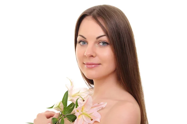 Schönes Mädchen in Dessous mit Blumen — Stockfoto