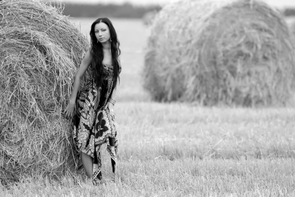 Genç özgür bir kadın samanlı bir tarlada