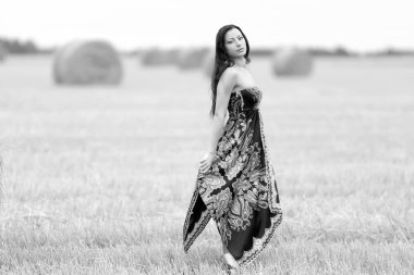 Genç özgür bir kadın samanlı bir tarlada