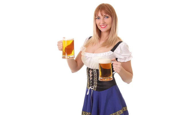 Girl with a mug of fresh light beer — Stock Photo, Image