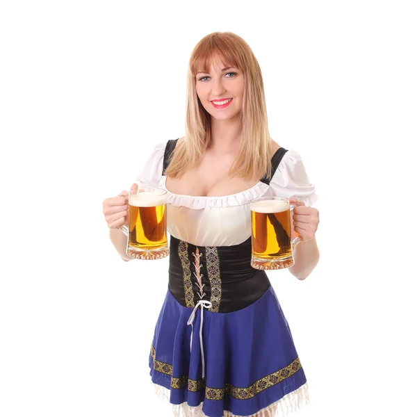 Girl with a mug of fresh light beer — Stock Photo, Image