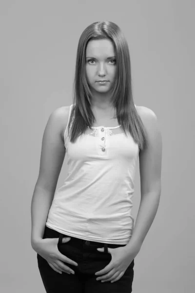 Nice young girl in white t-shirt — Stock Photo, Image