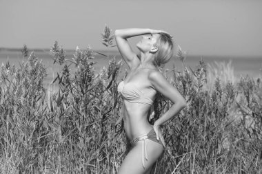 çim ve deniz arka plan aleyhine poz bikini kız