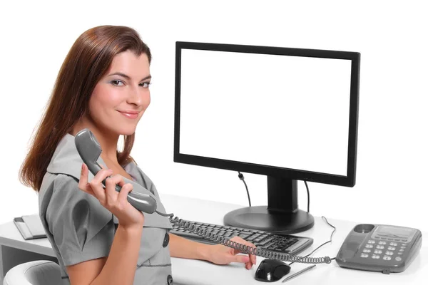 Young girl works with computer — Stock Photo, Image