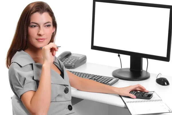 年轻女孩与计算机工作 — 图库照片