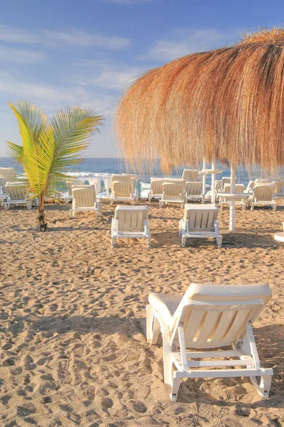 Піщаний пляж з сонячними ліжками і парасолькою — стокове фото