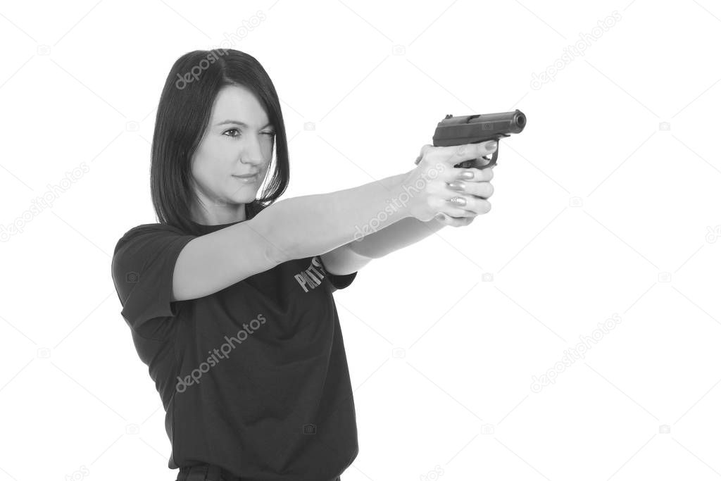 young police girl with gun