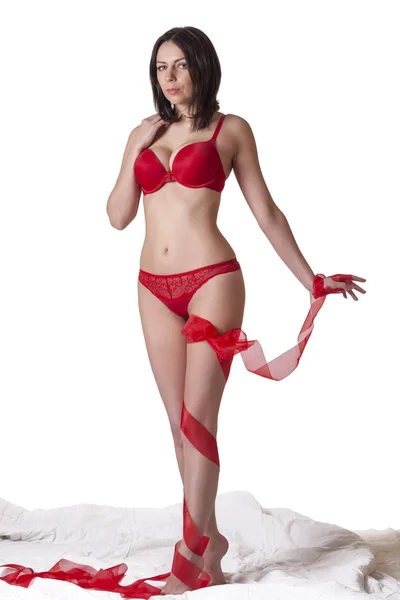Flicka i röda sexiga underkläder — Stockfoto