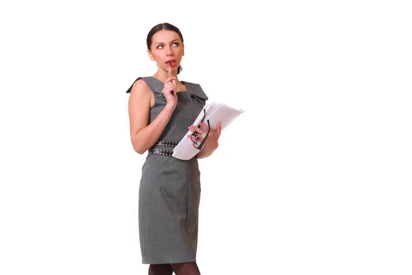 Young businesswoman with papers and pen — Stock Photo, Image