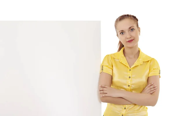 Giovane donna con cartello bianco, su bianco — Foto Stock