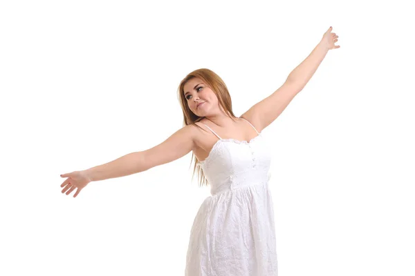 Mulher feliz e livre bonita em um fundo branco — Fotografia de Stock