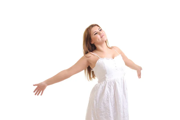 Mulher feliz e livre bonita em um fundo branco — Fotografia de Stock