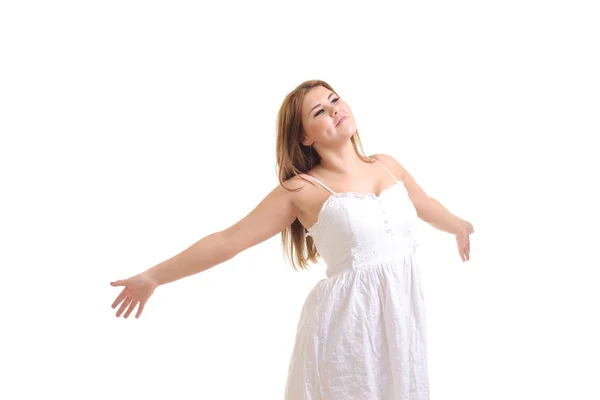 Hermosa mujer feliz y libre sobre un fondo blanco — Foto de Stock