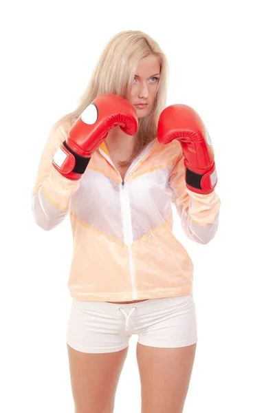 Mulher Bonita Com Luvas Boxe Fundo Branco — Fotografia de Stock