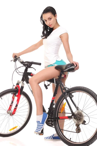 Young Seductive Woman Sport Wear Posing Bicycle — Stock Photo, Image