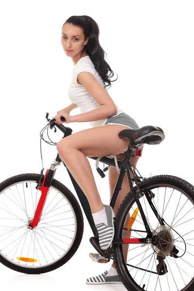 Mujer Joven Seductora Ropa Deportiva Posando Bicicleta — Foto de Stock