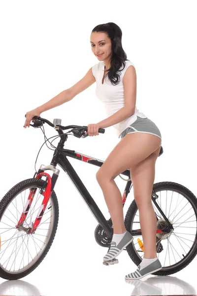 Mujer Joven Seductora Ropa Deportiva Posando Bicicleta — Foto de Stock