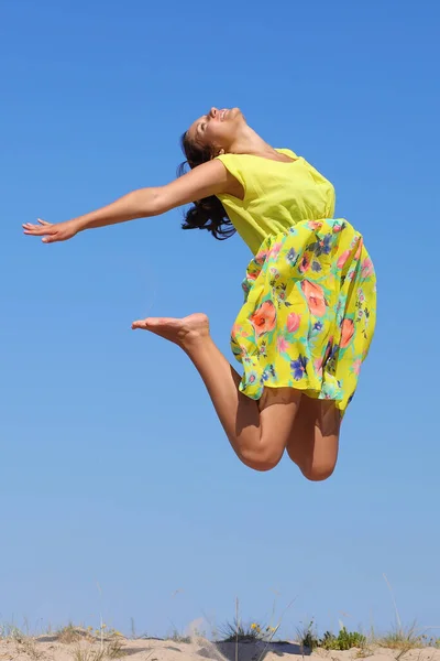 Girl Jumping Summer Dress Sky — Stock Photo, Image